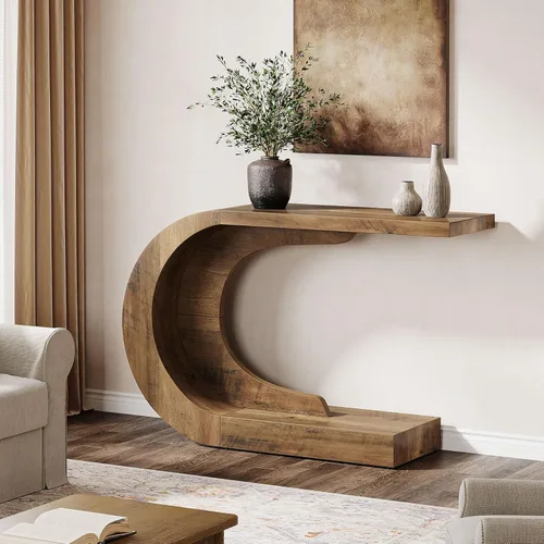 Vista 9 de Tribesigns Mesa consola moderna de mediados de siglo de 43.3 pulgadas para entrada, mesa de entrada de madera en forma de C para sala de estar, Negro