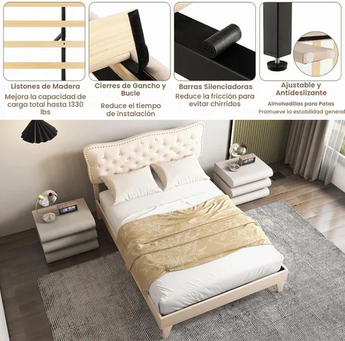 Vista 7 de Giantex Base de cama tamaño Queen color beige, plataforma tapizada de tela de lino con cabecera de clavos, base de colchón con botones y listones