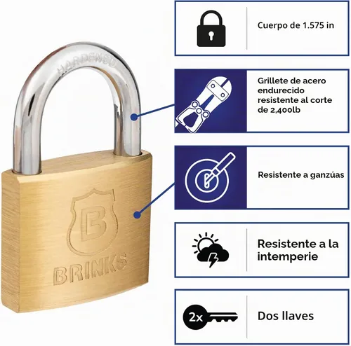 Vista 2 de BRINKS - Candado con llave de latón macizo de 1.575 in con espacio libre de grillete de 7/8" - Cromado con grillete de acero endurecido