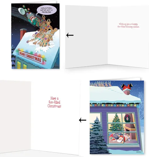 Vista 4 de Caja con juego de 24 tarjetas de Navidad divertidas, de Stonehouse Collection. 8 diseños, 3 tarjetas por diseño.