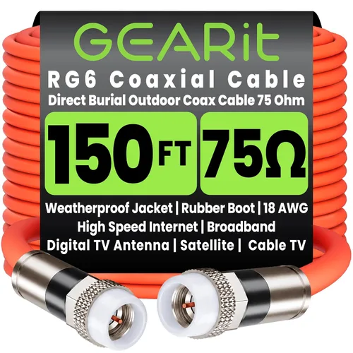 Vista 9 de GEARit Cable coaxial para enterramiento directo (15 pies) RG6 70 ohmios RF impermeable subterráneo en pared con protector de goma, Internet de alta