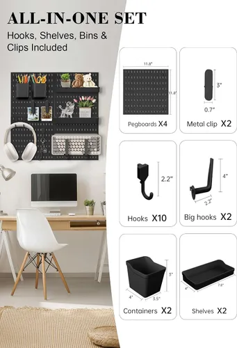 Vista 2 de Set de Organizador de Pared con Tablero de Clavijas – 4 Tableros con Ganchos y Estantes – Organizador de Escritorio para Oficina, Cocina, Sala