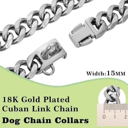 Vista 4 de Collares para perros de acero inoxidable plateado y dorado con cierre de seguridad, collar de cadena tipo cubano de 18 quilates para entrenamiento
