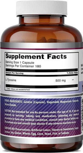 Vista 5 de Amazing Formulas - Suplemento de aminoácidos L-tirosina 500 mg por porción 180 cápsulas Sin OMG Sin gluten Fabricado en Estados Unidos