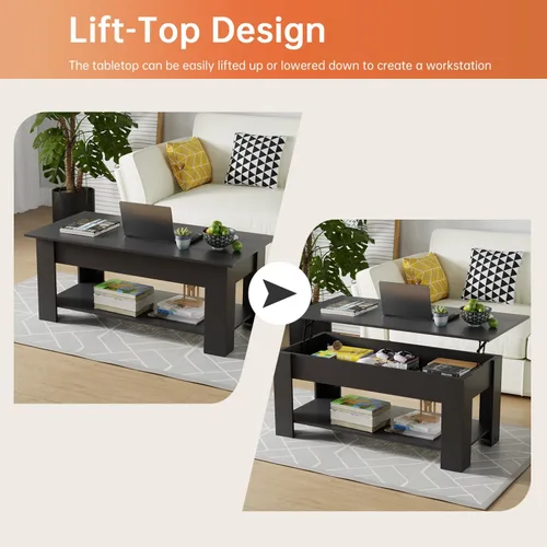 Vista 5 de BLKMTY Mesa auxiliar con mesa elevadora, mesa auxiliar multifuncional con compartimento oculto y estante de almacenamiento, mesa de centro de madera