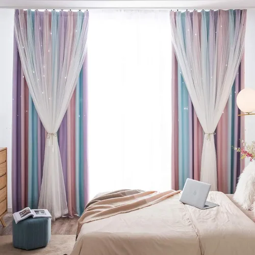 Vista 3 de UNISTAR 2 paneles de cortinas opacas con estrellas para dormitorio de niños y niñas, sala de estar, cortinas de ventana de doble capa con rayas