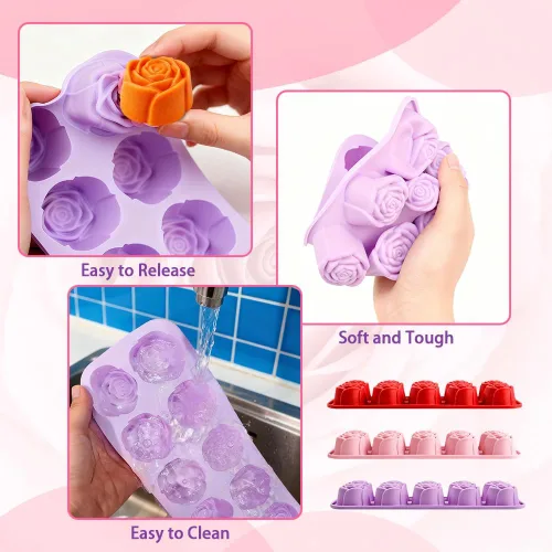Vista 3 de 3PCS moldes de flores de silicona, molde de silicona de velas de chocolate rosa