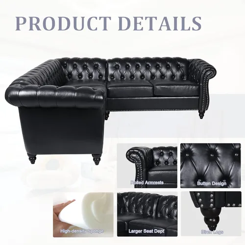 Vista 3 de ORRD Sofá seccional pequeño en forma de L, sofá Chesterfield de cuero copetudo con brazos de desplazamiento y cabeza de clavo para sala de estar