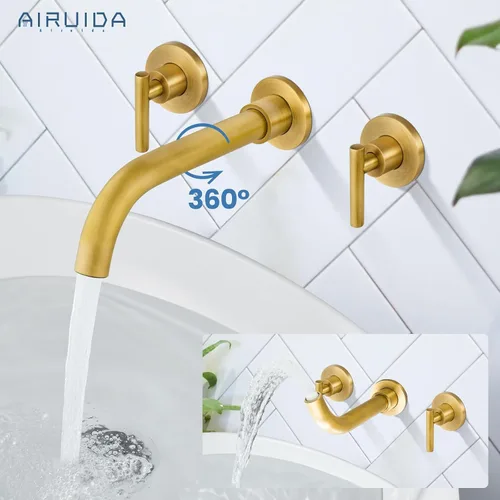 Vista 2 de Airuida Grifo de baño montado en la pared de latón antiguo de 3 agujeros, doble manija con boquilla giratoria 360, grifo mezclador de lavabo