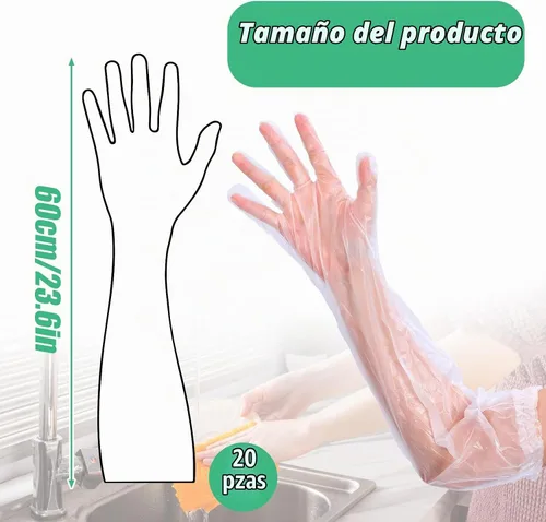 Vista 2 de 20 guantes de limpieza de goma desechables largos transparentes, guantes de plástico para lavar platos, guantes de plástico desechables impermeables