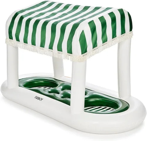 Vista 2 de FUNBOY Estación de bebidas flotante gigante con diseño de cabana de rayas verdes, con toldo de tela removible con flecos, perfecta para fiestas