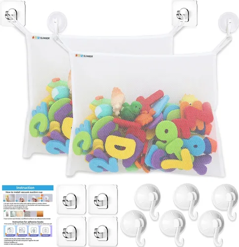Vista 10 de Organizador de almacenamiento de juguetes de baño para bañera, soporte grande de malla para juguetes de baño y red de juguetes de baño, bolsa