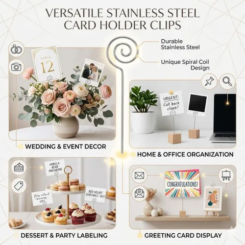 Vista 4 de HOHIYA Paquete de 50 tarjeteros florales de 5 pulgadas, clip de fotos de alambre inoxidable para bodas, tarjetas de mesa, números, notas, pasteles