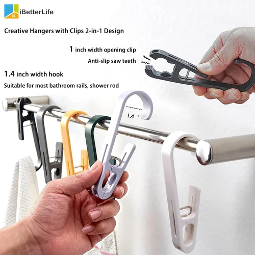 Vista 3 de iBetterLife Alfileres de ropa resistentes para exteriores, 8 ganchos grandes para ropa sucia con clips, abrazaderas organizadoras de armario