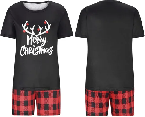 Vista 2 de JEGULV Pijamas de Navidad a juego para la familia, pijamas clásicas de Navidad de búfalo rojo a cuadros, pijamas de manga larga para el hogar