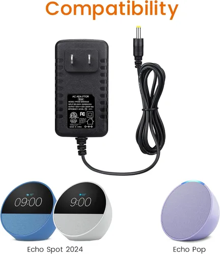 Vista 2 de Adaptador de cable de alimentación de 15 W para reloj inteligente Echo Spot y altavoz inteligente Pop - Cable largo de enchufe de pared negro, 5 pies