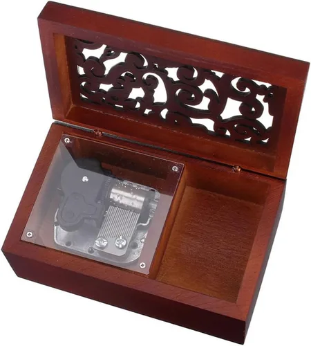 Vista 2 de FnLy Caja musical de madera grabada antigua, caja musical Edelweiss, con movimiento plateado en, rectángulo