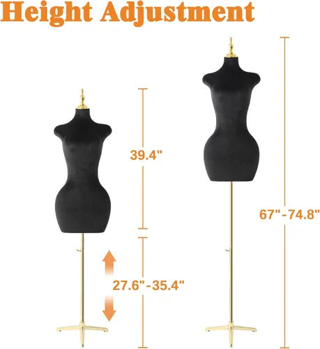 Vista 8 de Soporte de trípode de maniquí femenino de terciopelo negro,Maniquí ajustable en altura para cuerda,Maniquí de forma de vestido y exhibición de joyas