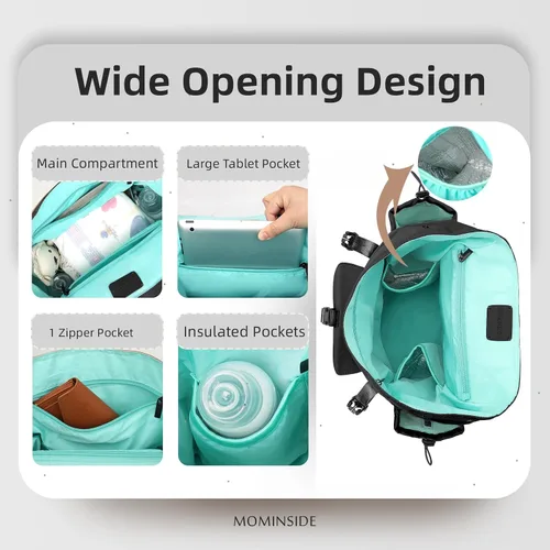Vista 4 de MOMINSIDE Mochila para pañales con bolsillo grande para artículos húmedos, pequeña bolsa de pañales para niñas y niños, 2 bolsillos aislados, Negro