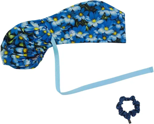 Vista 8 de Gorra médica con interior sedoso, gorro de algodón con banda para el sudor y botones, cola de caballo ajustable