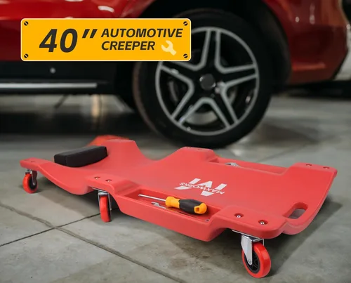 Vista 6 de MaxWorks 50874 carretilla de garaje con ruedas de plástico de 40 pulgadas con apoyacabezas acolchado y dos charolas para herramientas, 300 libras