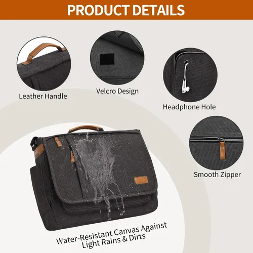 Vista 6 de ESTARER Bolsa de mensajero para laptop de 13 a 14 pulgadas, resistente al agua, bolsa de hombro de lona para universidad de negocios, gris