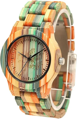 Vista 2 de Tiong Brand Wooden Watches Mens with Handmade Colorful Bamboo Wood Watch Analog Date Quartz Wooden Watch for Men