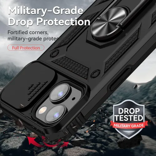 Vista 6 de Funda magnética compatible con iPhone 14 Plus, iPhone 14 Plus con cubierta de cámara y soporte de grado militar, a prueba de golpes, color negro