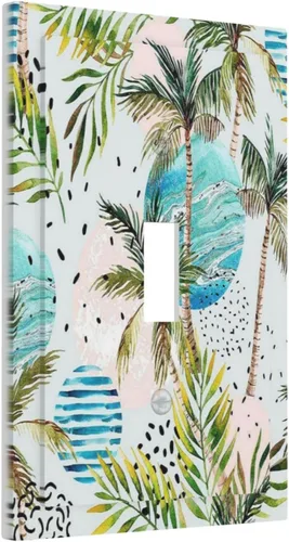 Vista 142 de Cubierta de interruptor de luz de una pandilla de hojas de palma tropicales de estilo bohemio abstracto, árbol de coco, verano, sin dispositivo