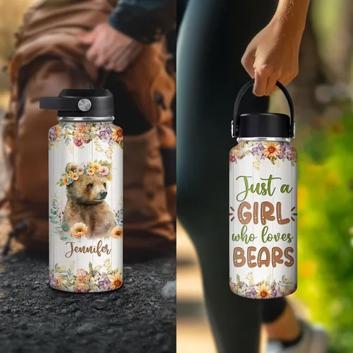 Vista 6 de Hyturtle Botella de agua personalizada con diseño de oso – Botella de acero inoxidable aislada de viaje con tapa a prueba de fugas, 18 onzas, 32