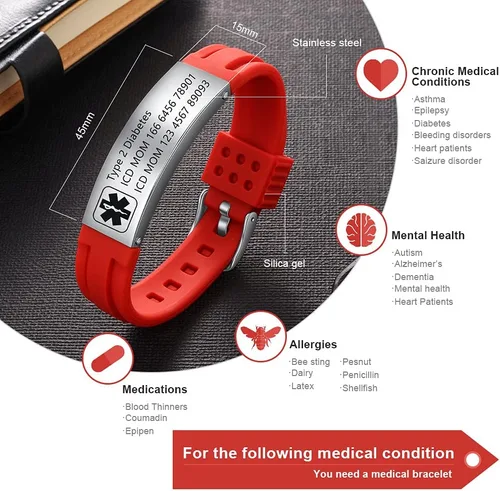 Vista 33 de OPALSTOCK Pulseras médicas personalizadas de silicona ajustable para identificación de emergencias, grabado gratuito, 9 pulgadas, resistente al