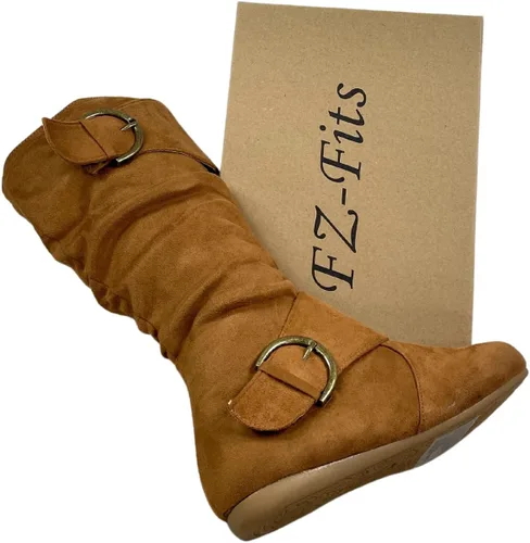 Vista 7 de FZ-Fits Botas de media pantorrilla con hebilla de punta redonda cerrada y hebilla lateral con cremallera lateral para mujer