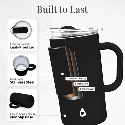 Vista 2 de Jarra aislada de acero inoxidable con tapa, jarra aislada al vacío de doble pared de 67 oz para bebidas frías Negro