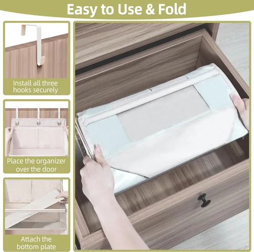 Vista 4 de Organizador de puerta con 6 bolsillos extra grandes, 12 bolsillos laterales, estante de almacenamiento resistente para armario, organizador de Beige
