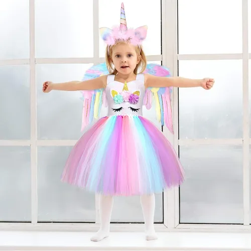 Vista 7 de GC Disfraz de unicornio para niñas vestido de tutú de arco iris con diadema atuendo de princesa para fiesta de cumpleaños Arcoiris Rainbow