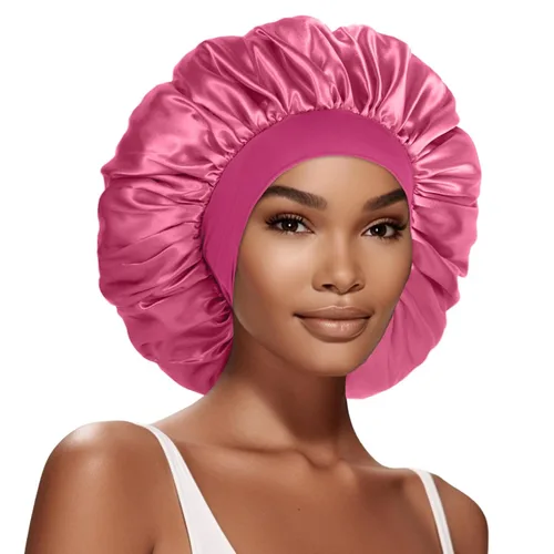 Vista 9 de 2 piezas de gorros de satén extra grandes para dormir de 17 pulgadas, gorro de seda jumbo para mujeres (negro y morado)