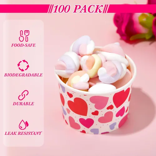 Vista 4 de Shellwei 100 cuencos de papel de helado para el día de San Valentín de 9 onzas a granel, tazas de aperitivos con corazón rojo, tazones de postre