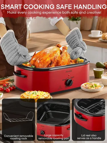 Vista 4 de FOHERE Horno asador eléctrico de 26 cuartos de galón con tapa visible y autofundante, tostador grande de pavo con función de descongelación y calor
