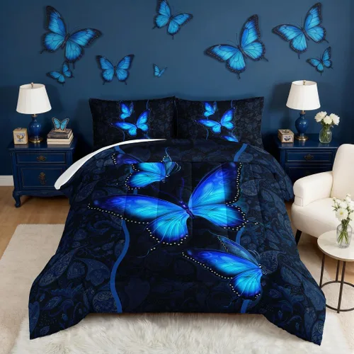 Vista 14 de HOSIMA Juego de edredón de decoración gótica, patrón de calaveras de polilla de la muerte, juego de cama de Halloween tamaño Queen para decoración