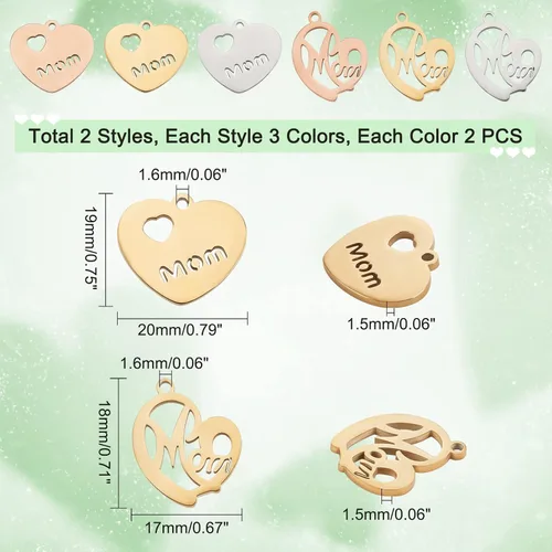 Vista 4 de PH PandaHall 12 dijes de corazón con mamá, 2 estilos de acero inoxidable de larga duración, cuentas de corazón de metal para bricolaje, collares