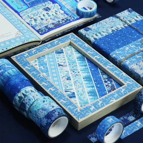 Vista 4 de YUBBAEX - Juego de 10 rollos de cinta Washi Four Seasons, cinta adhesiva decorativa de copos de nieve azules (Invierno)