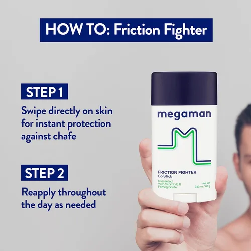 Vista 4 de Megaman Friction Fighter Go - Barra antirozaduras Previene rozaduras e irritación de la piel Muslos, brazos y más Esenciales de verano y clima