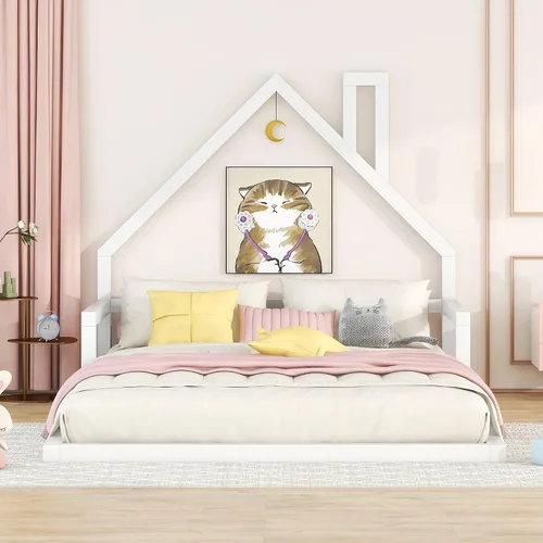 Vista 4 de Harper & Bright Designs Cama de suelo de tamaño matrimonial con cabecera en forma de casa, marco de cama Montessori, cama de plataforma, cama