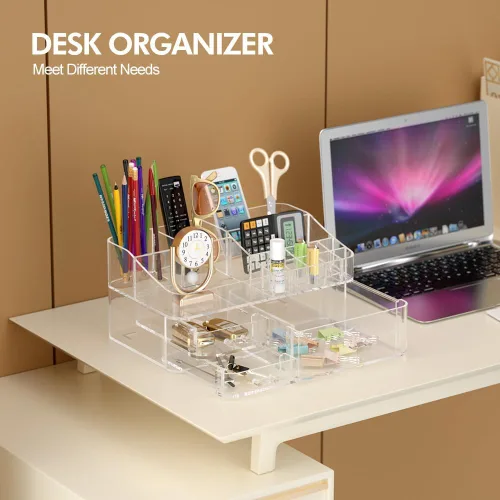Vista 7 de Organizador de maquillaje para tocador, organizador de escritorio grande de acrílico con cajones, soporte de tocador ideal para cosméticos, lápices