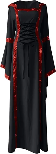 Vista 4 de MeikoHome Vestido renacentista para mujer, vestido gótico con capucha y manga acampanada, vestido victoriano medieval con cordones, disfraz