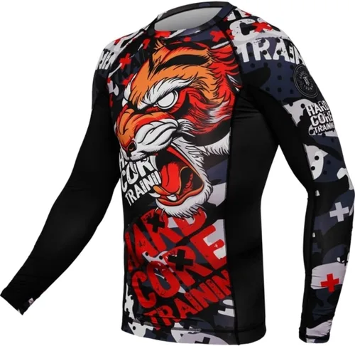 Vista 2 de Hardcore Training Camiseta de compresión para hombre, manga larga, Jiu Jitsu, MMA No-Gi, BJJ apretada, capa base de combate