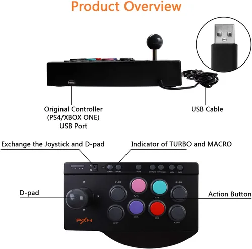 Vista 3 de PXN Street Fighter Arcade Game Fighter Arcade Fighting Stick con puerto USB, con funciones Turbo y macro, adecuado para PS3 PS4 Xbox ONENintendo