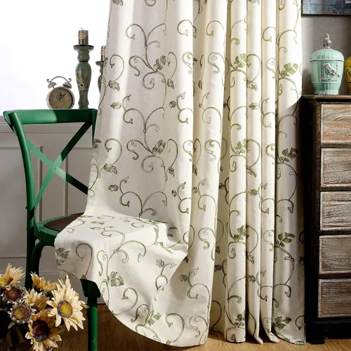 Vista 19 de VOGOL - Cortinas de 2 paneles con ramas bordadas de lino sintético con ojales, cortinas para dormitorio/sala de estar, paneles de tratamiento