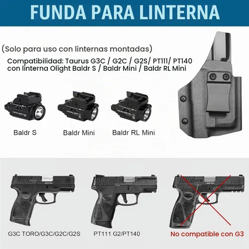 Vista 2 de IWB Kydex Holster for Taurus G3C/ G2C/ G3C Toro/ G2S/ PT111/ PT140 w/Olight Baldr S/Baldr Mini/Baldr RL Mini, Optic Cut, Adj. Retention & Cant