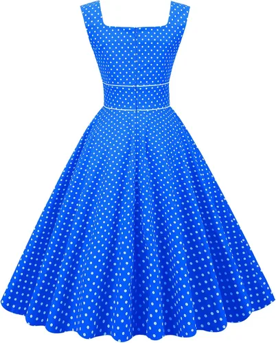 Vista 3 de Ruziyoog Vestido de manga corta para mujer, cuello cuadrado, lunares, acampanado, vestido de cóctel, fiesta, noche, vestido con lazo, vestido